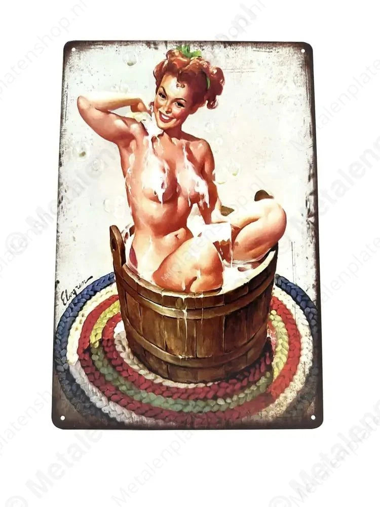 Vrouw in was ton - Metalen Wandbord Metaalbord